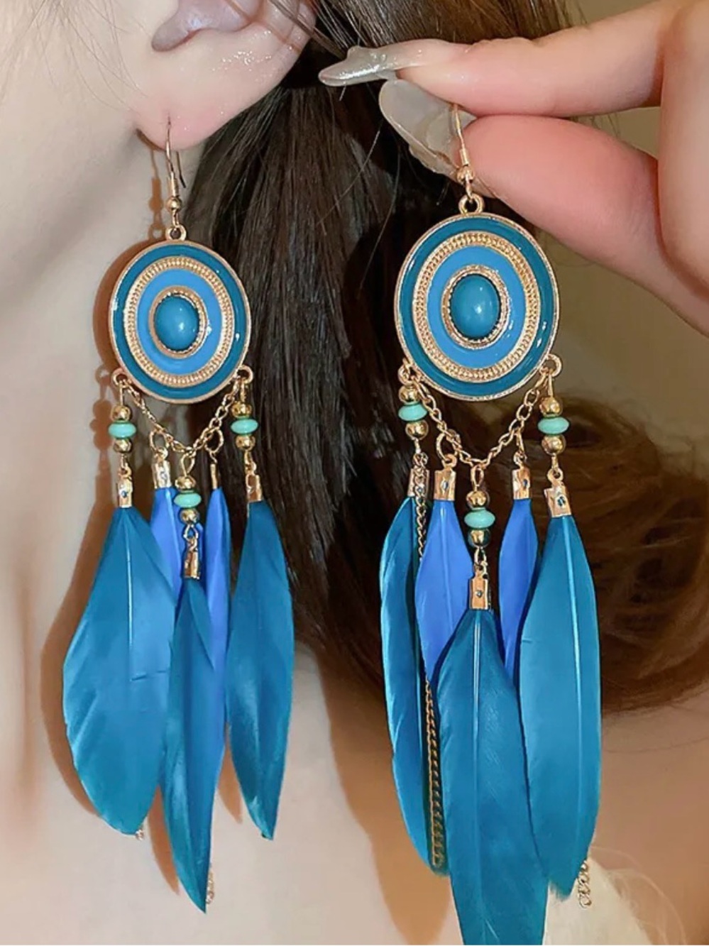 Boho Turquoise Feather Drop Earrings - Unbranded